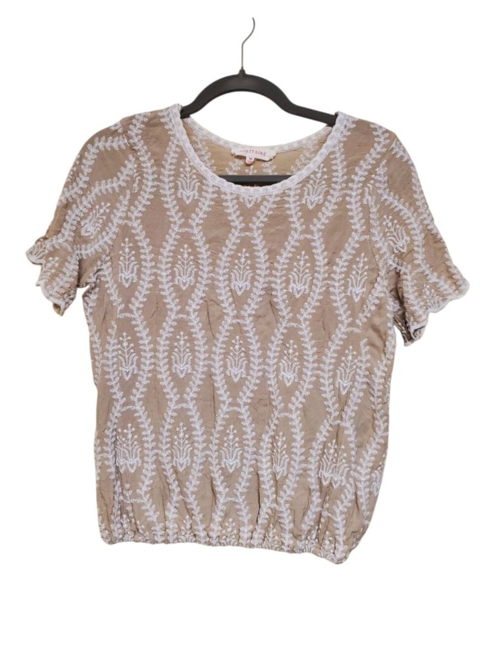Solitaire Women's Cream Beige White Embroidered Short Sleeve Blouse Top Size M